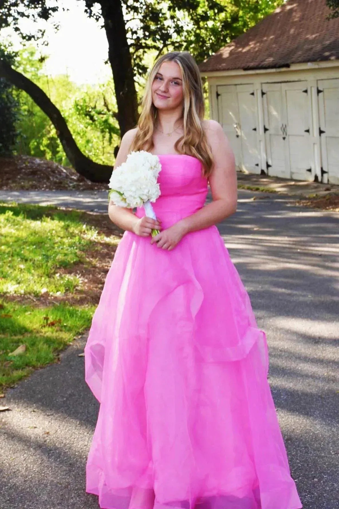 Loverlm Vibrant Hot Pink Organza A-Line Strapless Lace-Up Long Ruffled Prom Dress