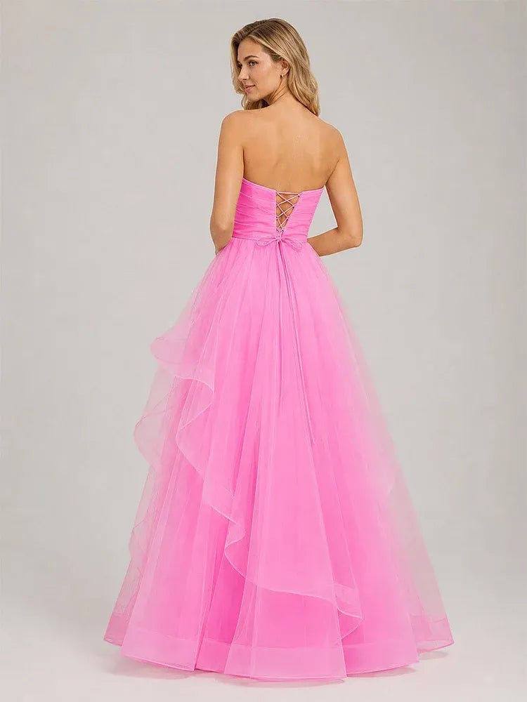 Loverlm Vibrant Hot Pink Organza A-Line Strapless Lace-Up Long Ruffled Prom Dress