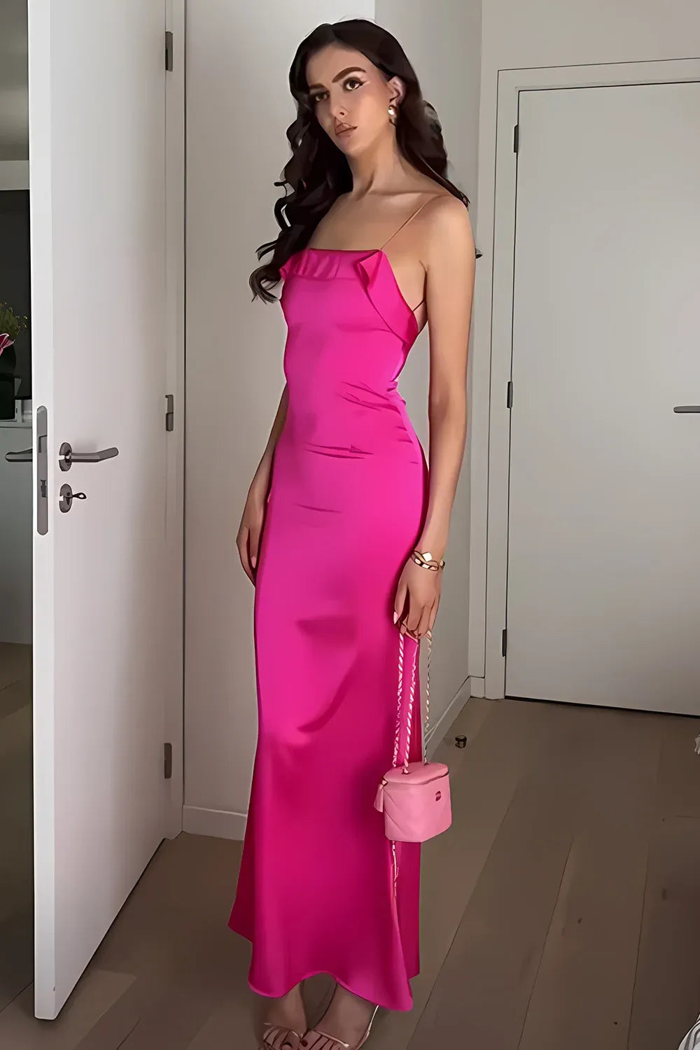 Loverlm hot pink satin spaghetti strap floor-length prom dress front view
