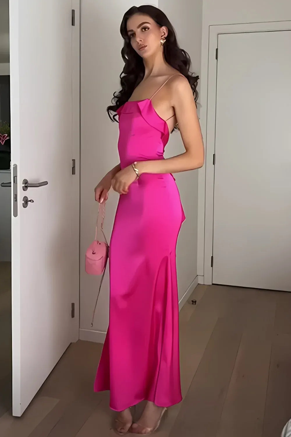 Glamorous Satin Sheath Draped Neck Sleeveless Zip Back Floor-Length Prom Dress
