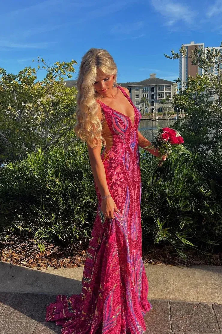 Loverlm hot pink mermaid prom dress with deep V-neck allover sequin embellishment and dramatic floor-length flared skirt