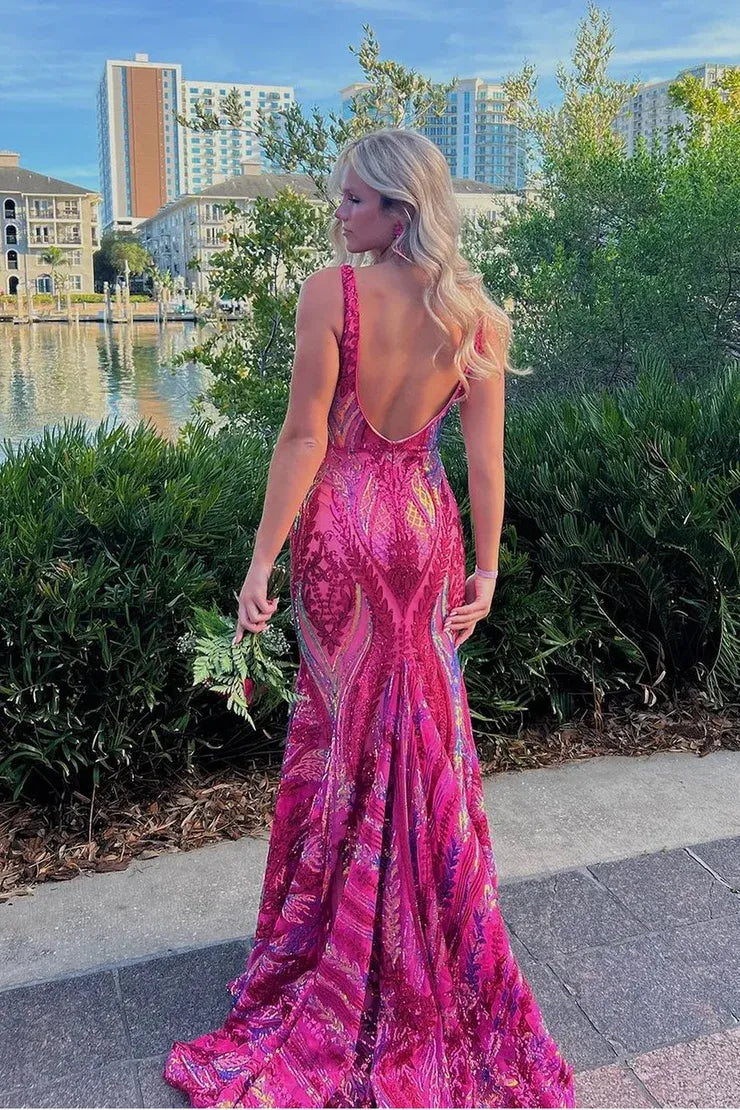 Glamorous Mermaid Deep V-Neck Sleeveless Open-Back Floor-Length Prom Dress
