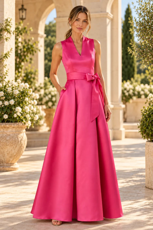 Loverlm hot pink sleeveless V-neck A-line Mother of the Bride dress with side bow and pockets front view