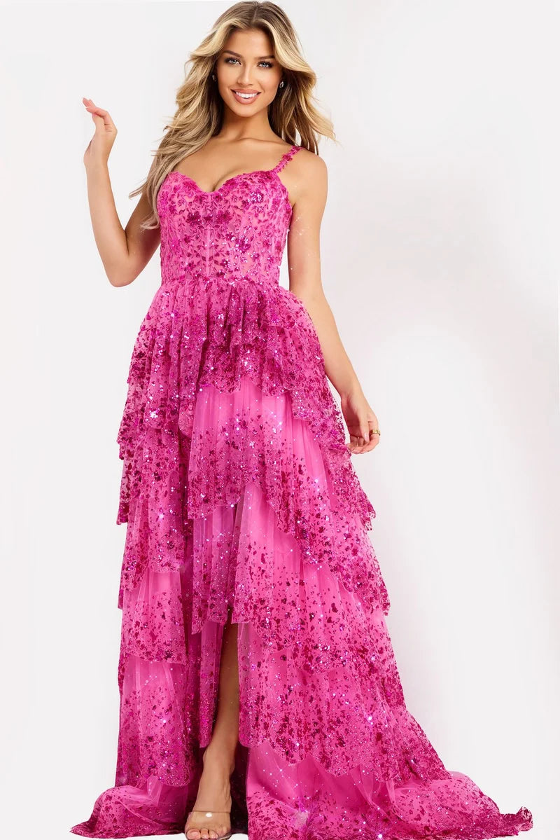 Loverlm hot pink prom dress with sweetheart neckline spaghetti straps sparkling corset bodice and layered ruffle floor-length skirt