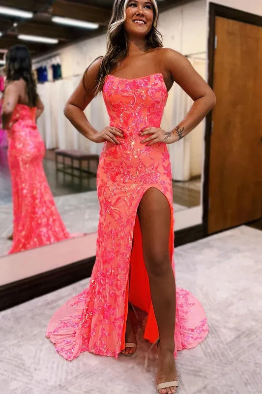 Loverlm hot pink strapless mermaid prom dress with sparkling embellishment thigh-high slit and floor-length train