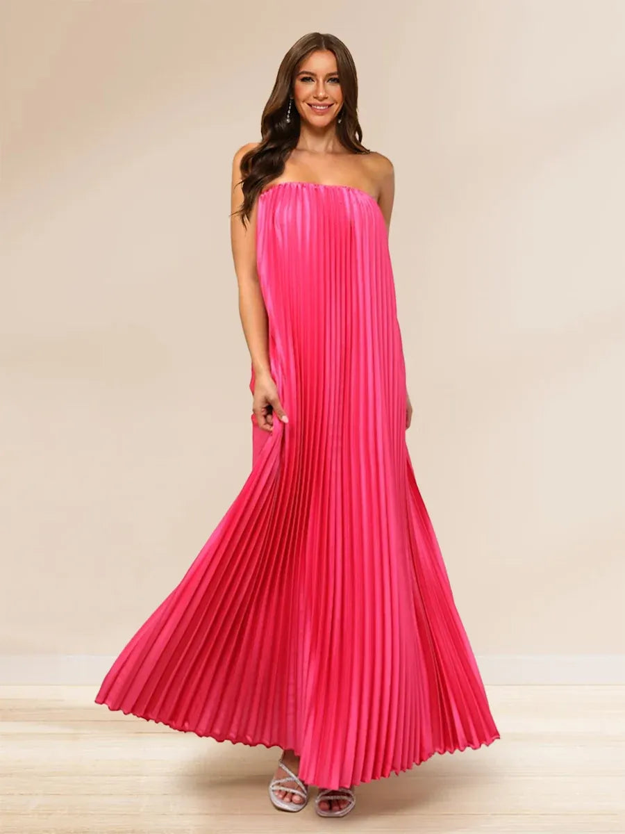 Vibrant A-Line Straight-Neck Sleeveless Pleated-Back Maxi Wedding Guest Dress