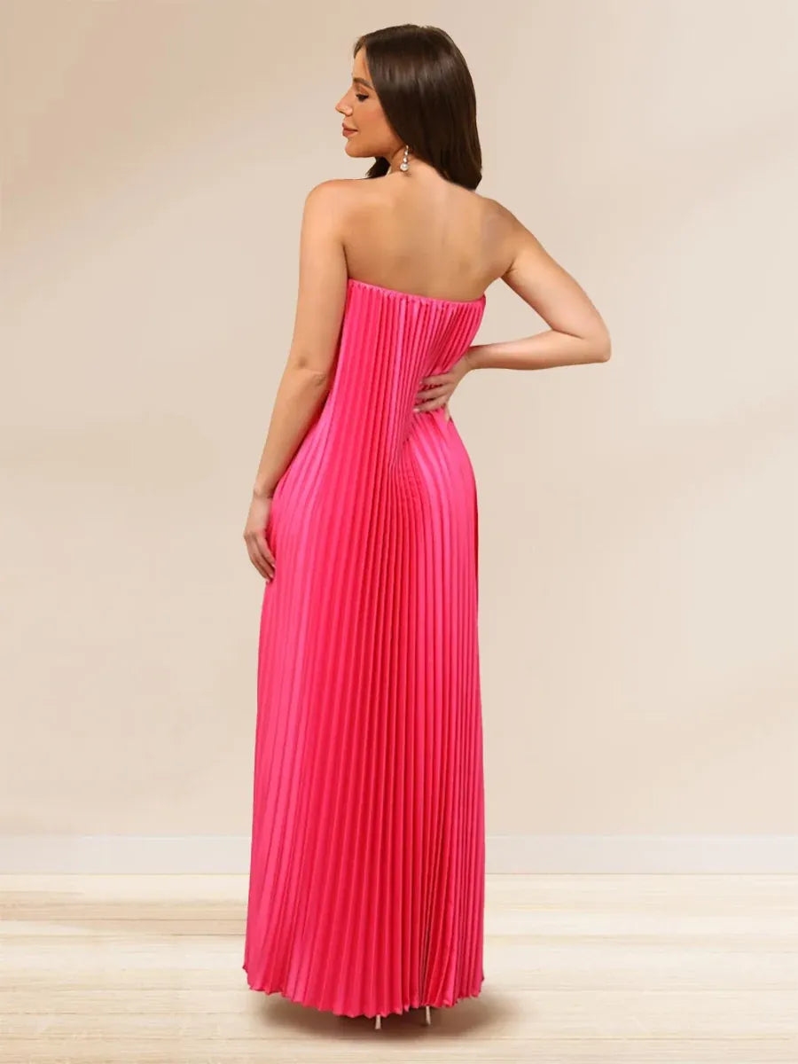 Vibrant A-Line Straight-Neck Sleeveless Pleated-Back Maxi Wedding Guest Dress