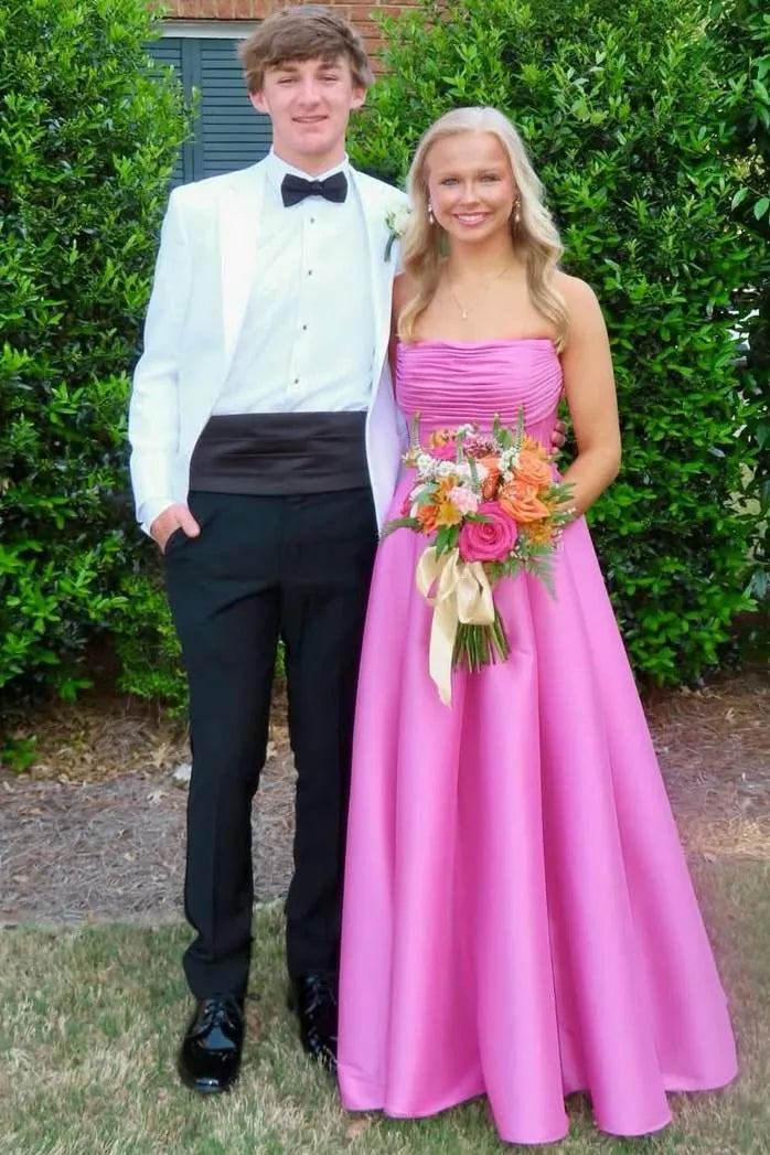 Loverlm hot pink strapless prom dress with ruched straight neckline fitted waist and flowing satin A-line floor-length skirt