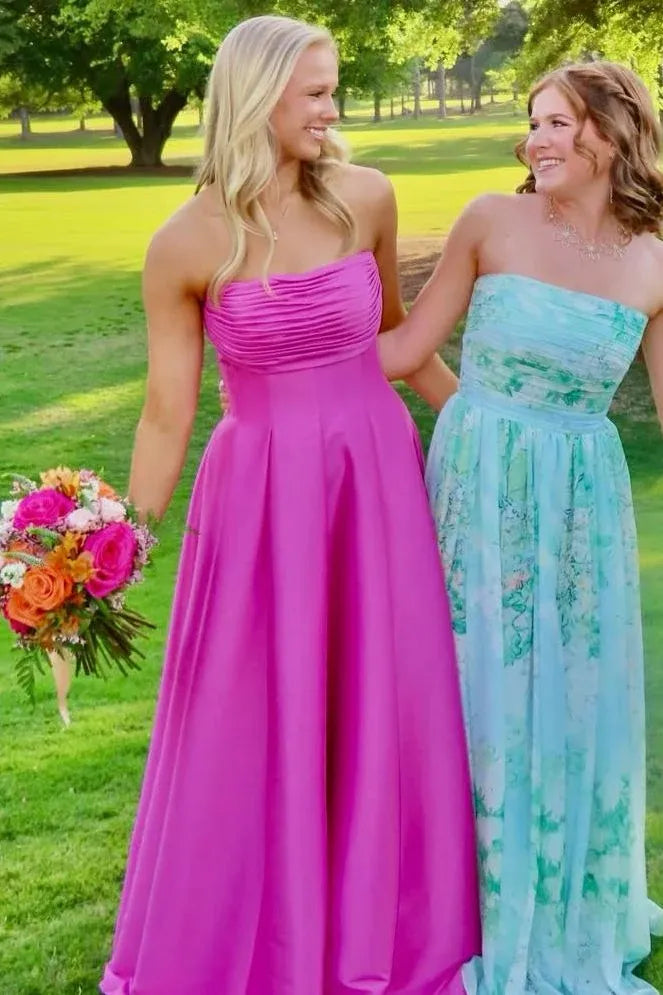 Charming A-Line Straight Strapless Ruched Satin Floor-Length Prom Dress