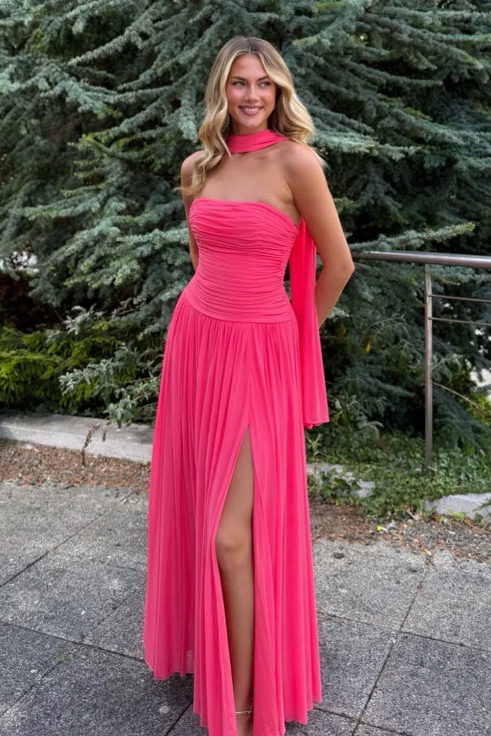 Loverlm hot pink strapless prom dress with ruched bodice scarf neck detail high slit and flowing floor-length skirt