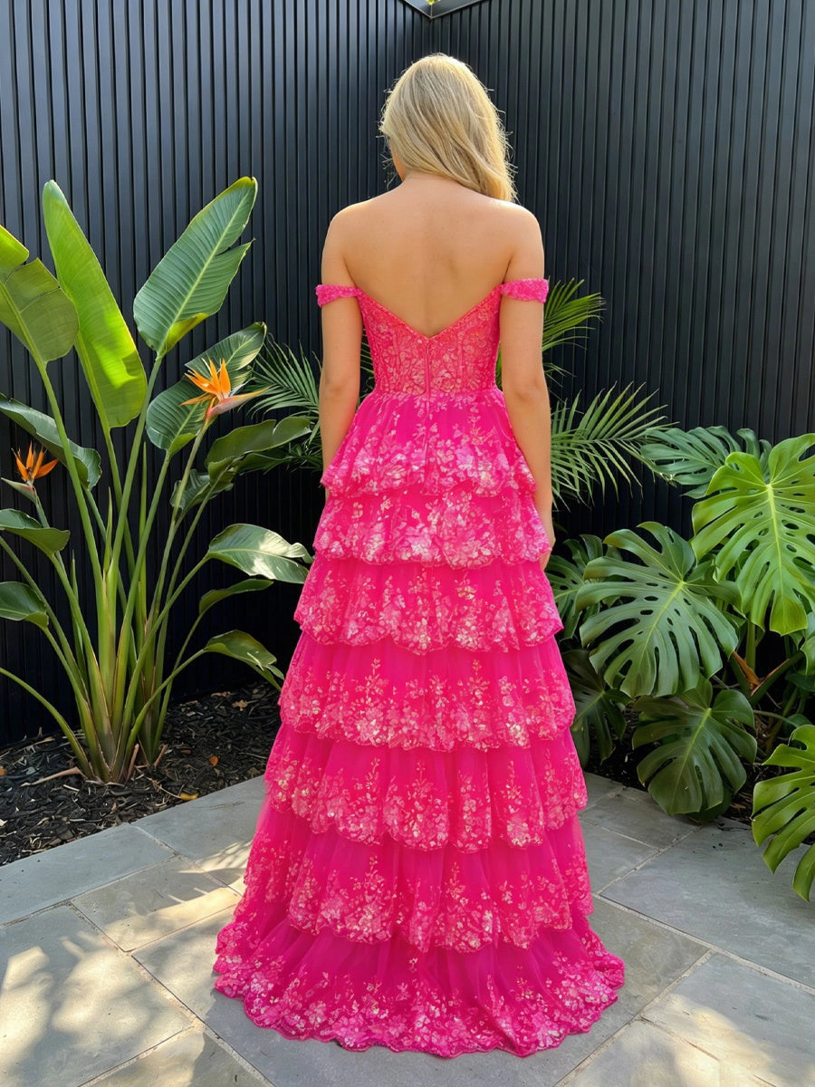 Romantic A-Line Sweetheart Off-Shoulder Corset Back Tiered Lace Tulle Floor-Length Prom Dress
