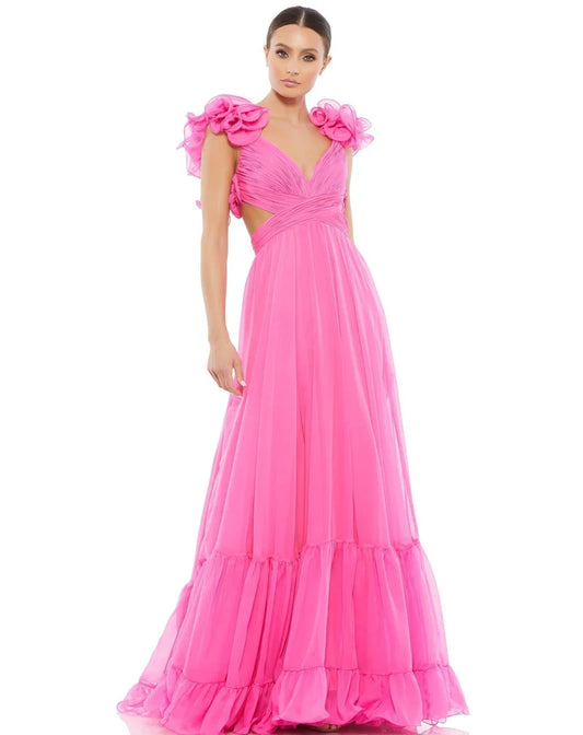 Loverlm hot pink V-neck ruffle sleeve floor-length prom dress front view