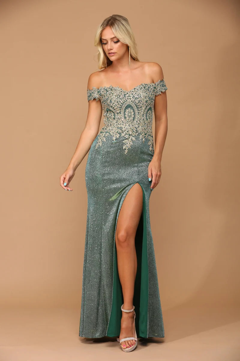 Loverlm hunter green embellished off-shoulder high slit prom dress front view