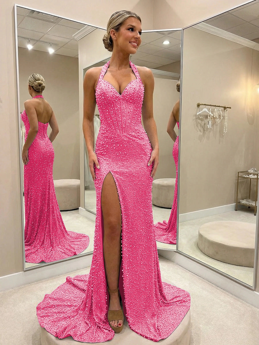 Luxurious Mermaid V-Neck Halter Sleeveless Low-Back Sweep Train Prom Dress