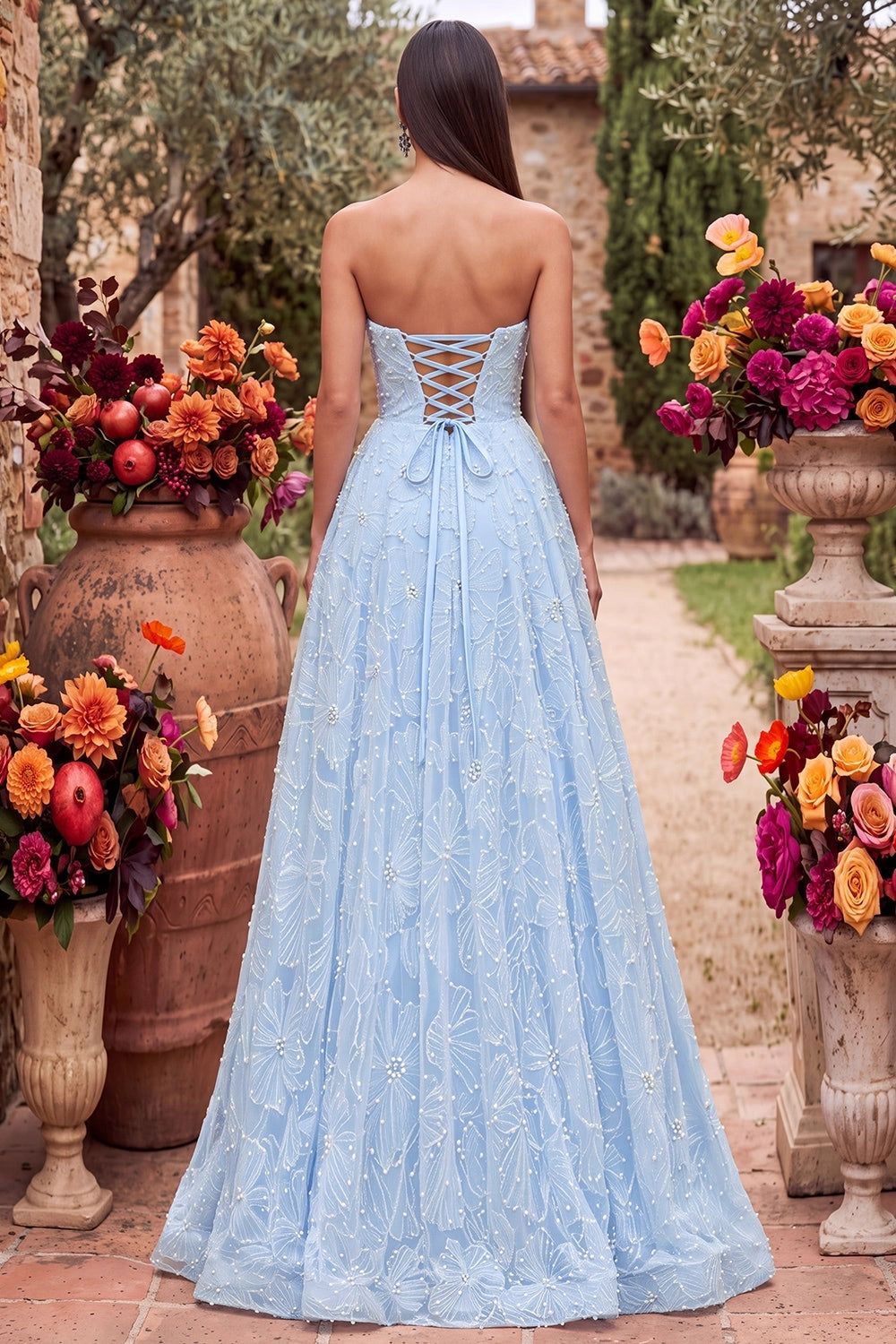 Elegant A-Line Sweetheart Strapless Lace-Up Back High Slit Floor-Length Prom Dress