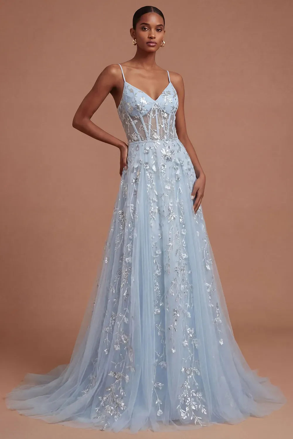 Loverlm ice blue A-line prom dress with V-neck corset and floral tulle skirt
