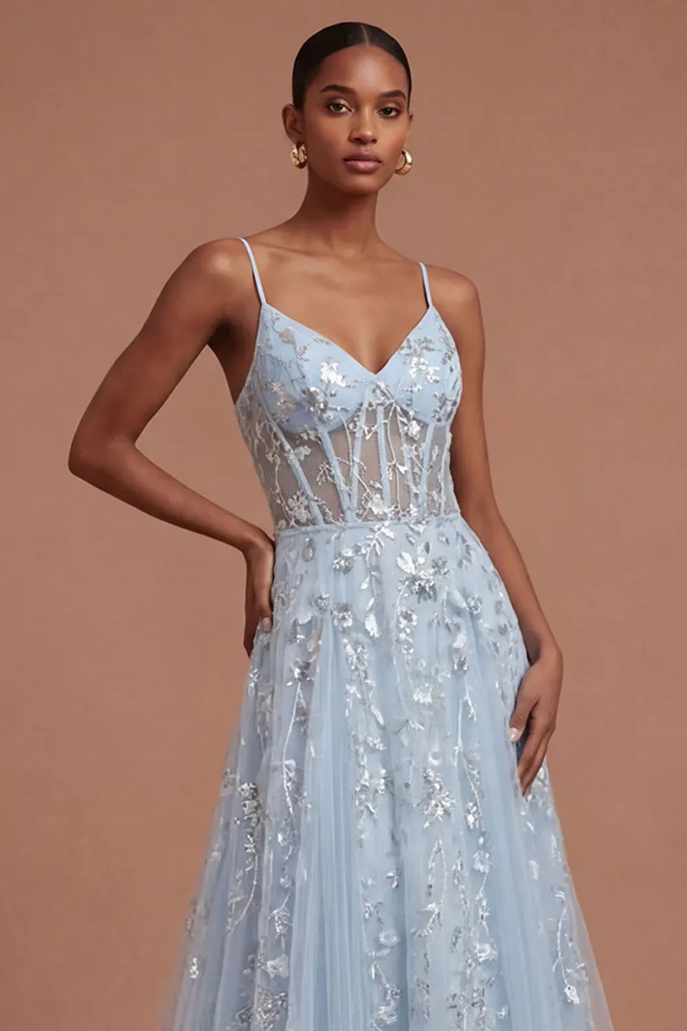 Romantic A-Line V-Neck Sleeveless Zipper Back Floor-Length Prom Dress