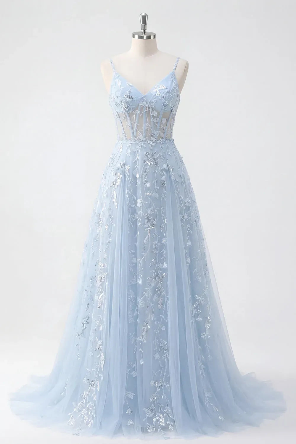 Romantic A-Line V-Neck Sleeveless Zipper Back Floor-Length Prom Dress
