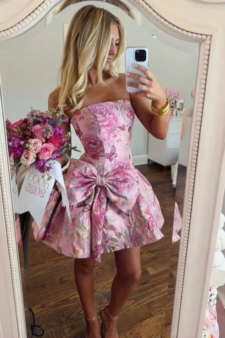 Chic A-Line Straight Neck Strapless Back Mini Homecoming Dress with Bow
