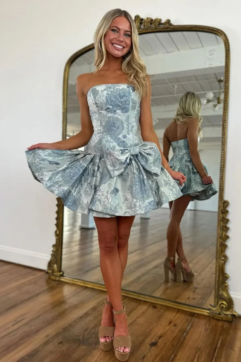 Loverlm ice blue silver floral jacquard strapless mini homecoming dress with low waist A-line skirt and oversized side bow front view