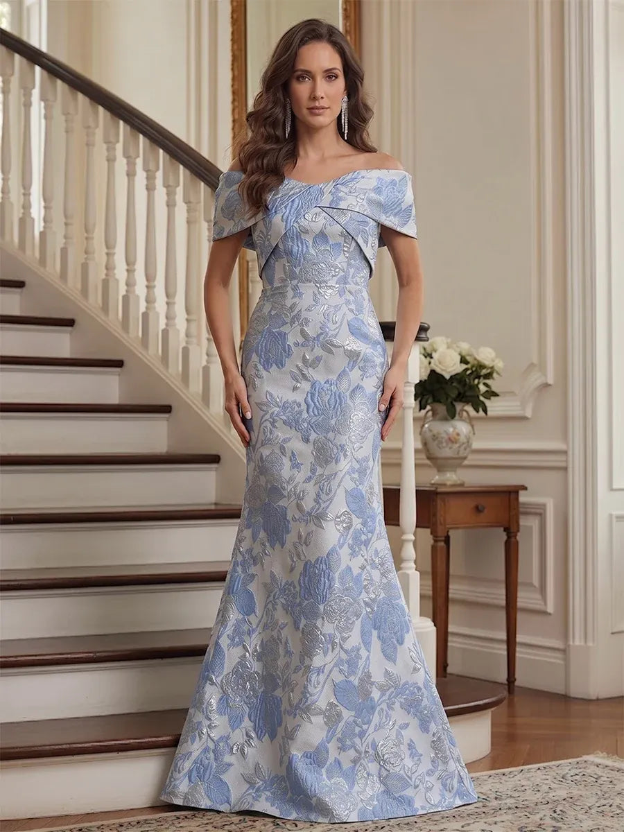 Loverlm ice blue floral Mother of the Bride dress with crossed off-the-shoulder neckline, fitted bodice and floor-length mermaid silhouette