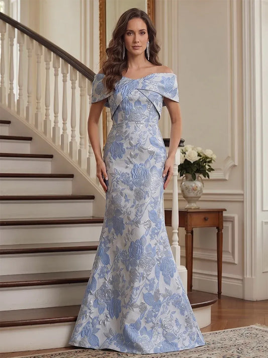 Loverlm ice blue floral Mother of the Bride dress with crossed off-the-shoulder neckline, fitted bodice and floor-length mermaid silhouette