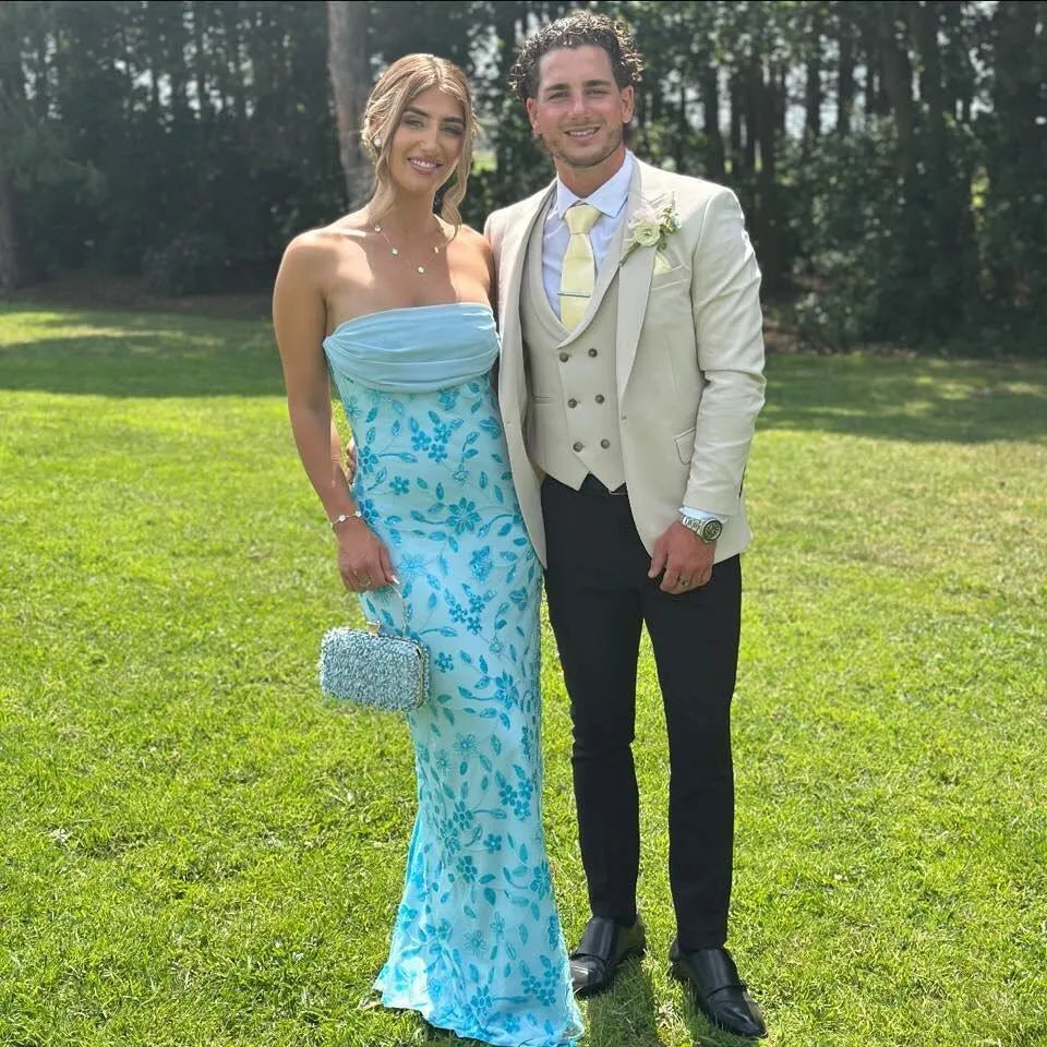 Loverlm Elegant Ice Blue Floral Sequin Sheath Strapless Lace-Up Long Prom Dress