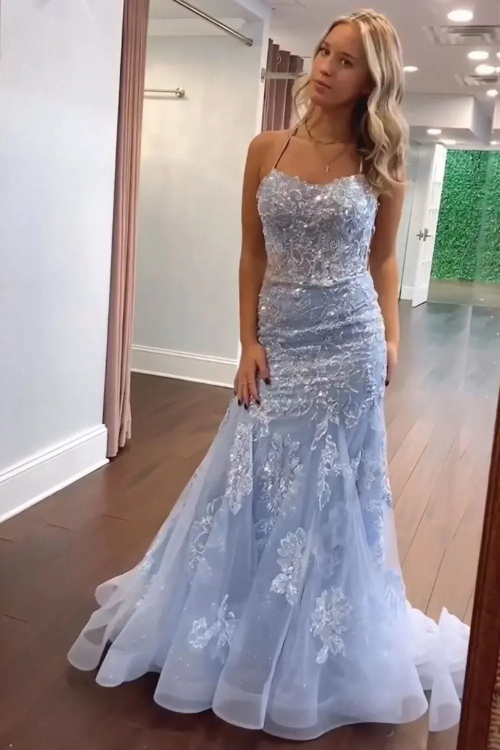 Loverlm ice blue mermaid prom dress with floral appliques and glitter details