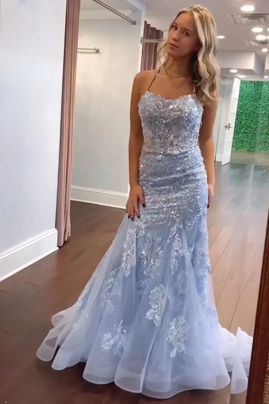 Loverlm ice blue mermaid prom dress with floral appliques and glitter details