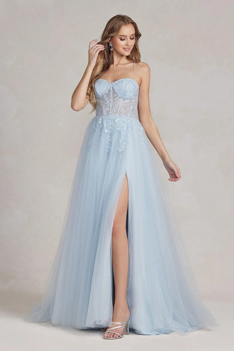 Loverlm ice blue sweetheart lace tulle slit A-line prom dress front view