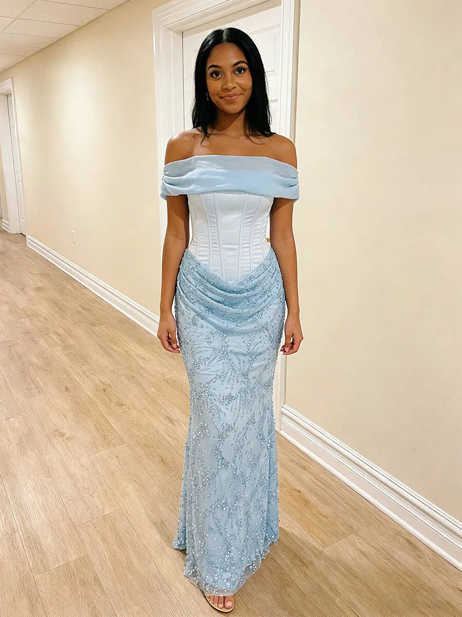 Loverlm ice blue evening dress with off-shoulder neckline corset bodice beaded floor-length mermaid skirt and elegant draped details
