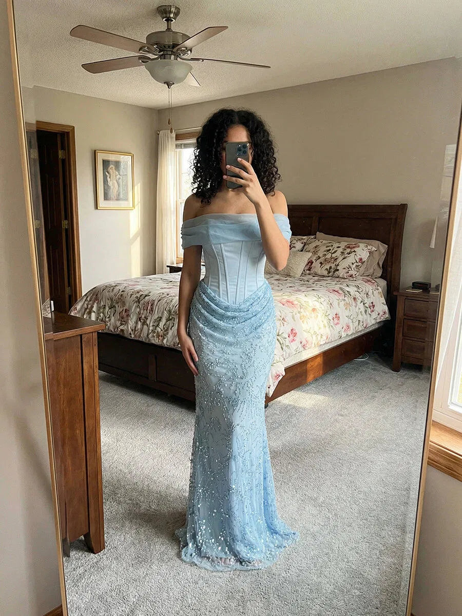 Elegant Mermaid Off-Shoulder Sleeveless Beaded Tulle Floor-Length Evening Dress