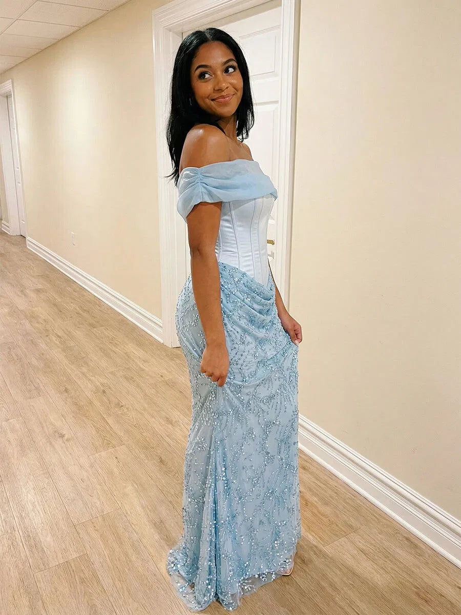 Elegant Mermaid Off-Shoulder Sleeveless Beaded Tulle Floor-Length Evening Dress
