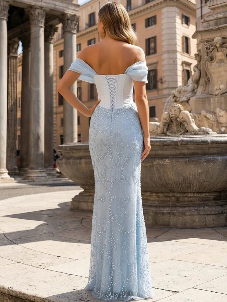 Elegant Mermaid Off-Shoulder Sleeveless Beaded Tulle Floor-Length Evening Dress