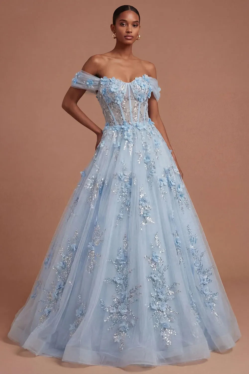 Loverlm ice blue A-line prom dress with off-shoulder floral corset bodice