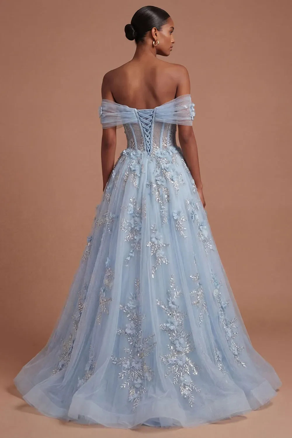 Romantic A-Line Sweetheart Off-Shoulder Lace-Up Back Floor-Length Prom Dress