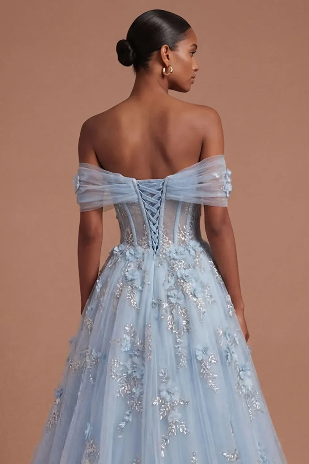 Romantic A-Line Sweetheart Off-Shoulder Lace-Up Back Floor-Length Prom Dress