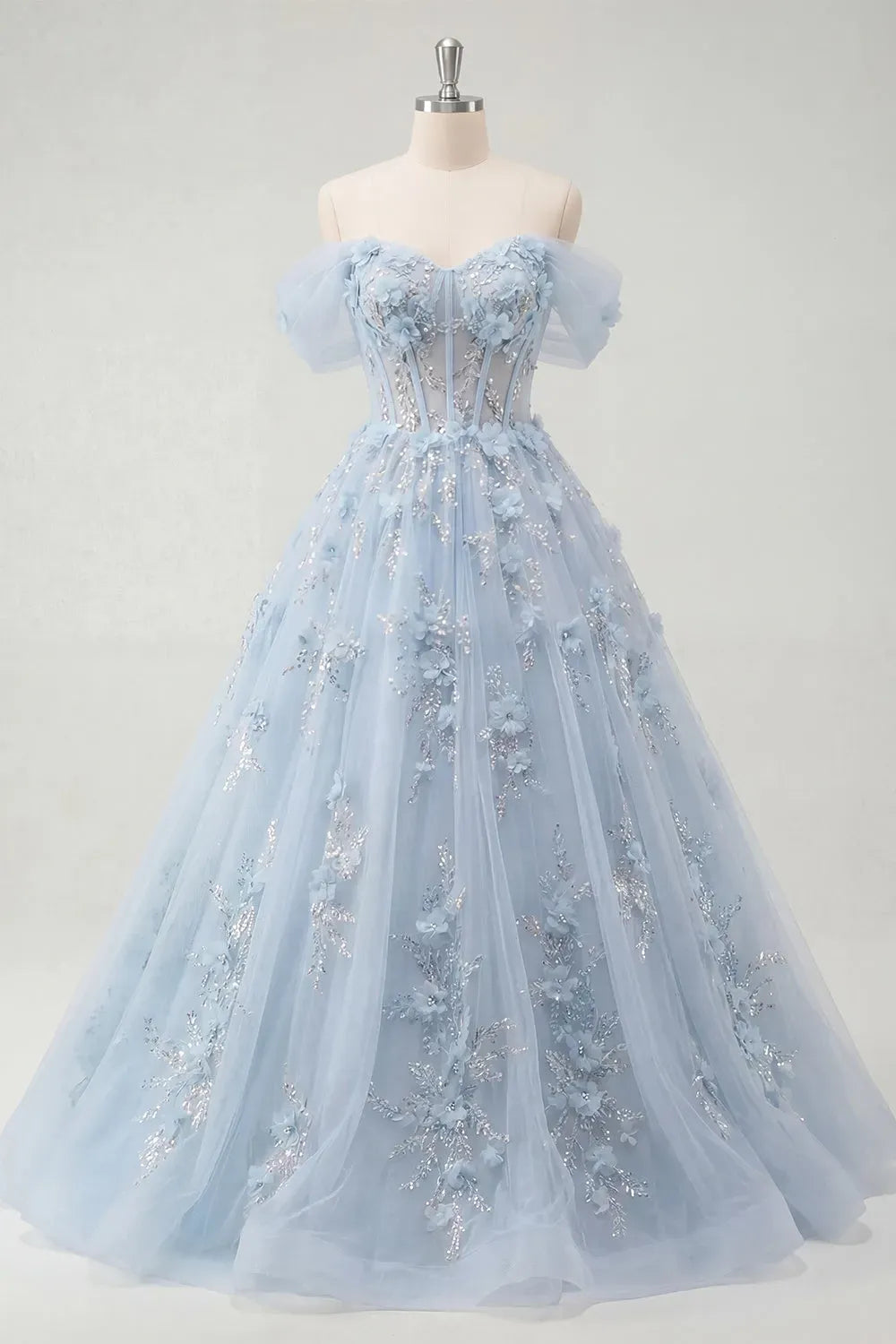 Romantic A-Line Sweetheart Off-Shoulder Lace-Up Back Floor-Length Prom Dress