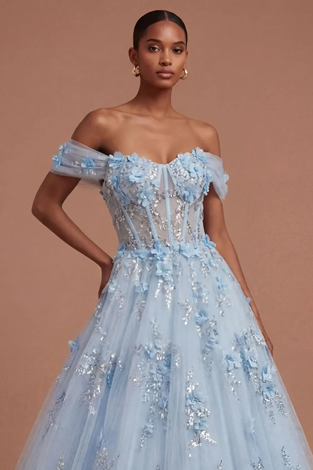 Romantic A-Line Sweetheart Off-Shoulder Lace-Up Back Floor-Length Prom Dress