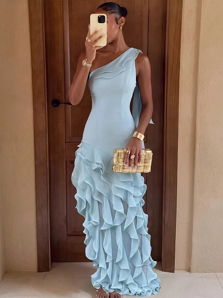 Ice blue mermaid evening dress with asymmetrical one shoulder neckline draped detail and cascading ruffle skirt by Loverlm