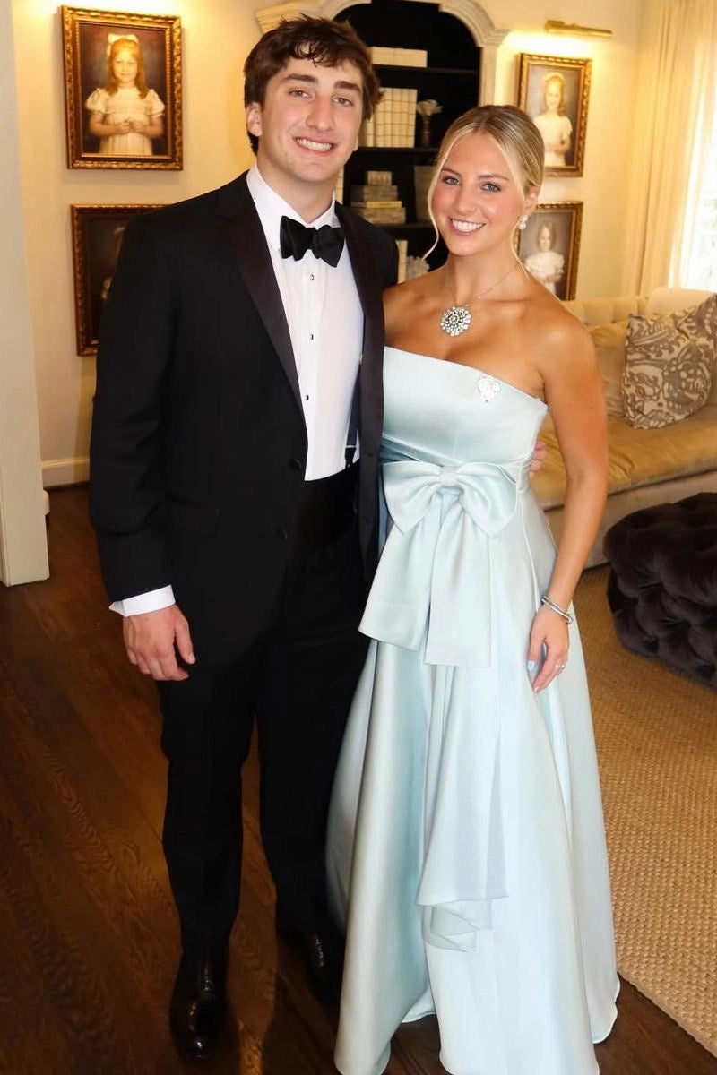 Elegant A-Line Straight-Neck Strapless Satin Floor-Length Bow Prom Dress