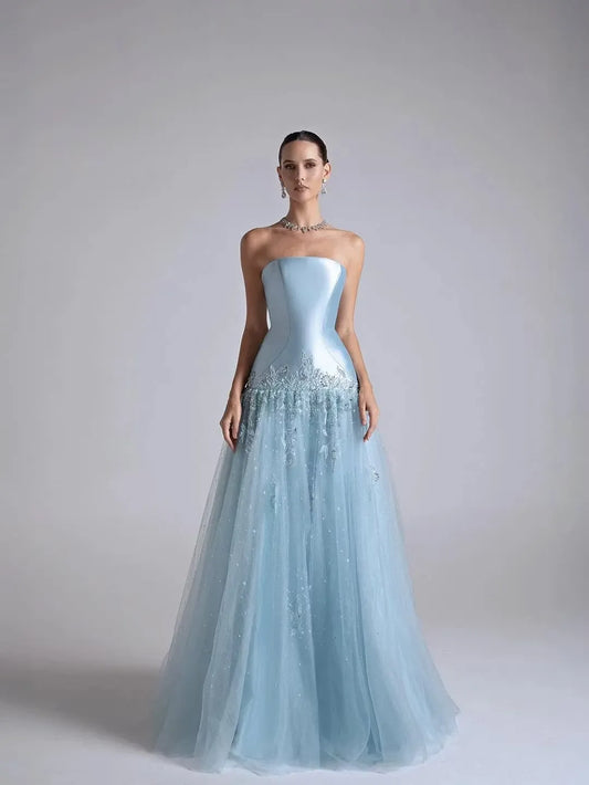 Loverlm ice blue prom dress with strapless structured drop-waist bodice embellished hip detail and flowing floor-length tulle skirt