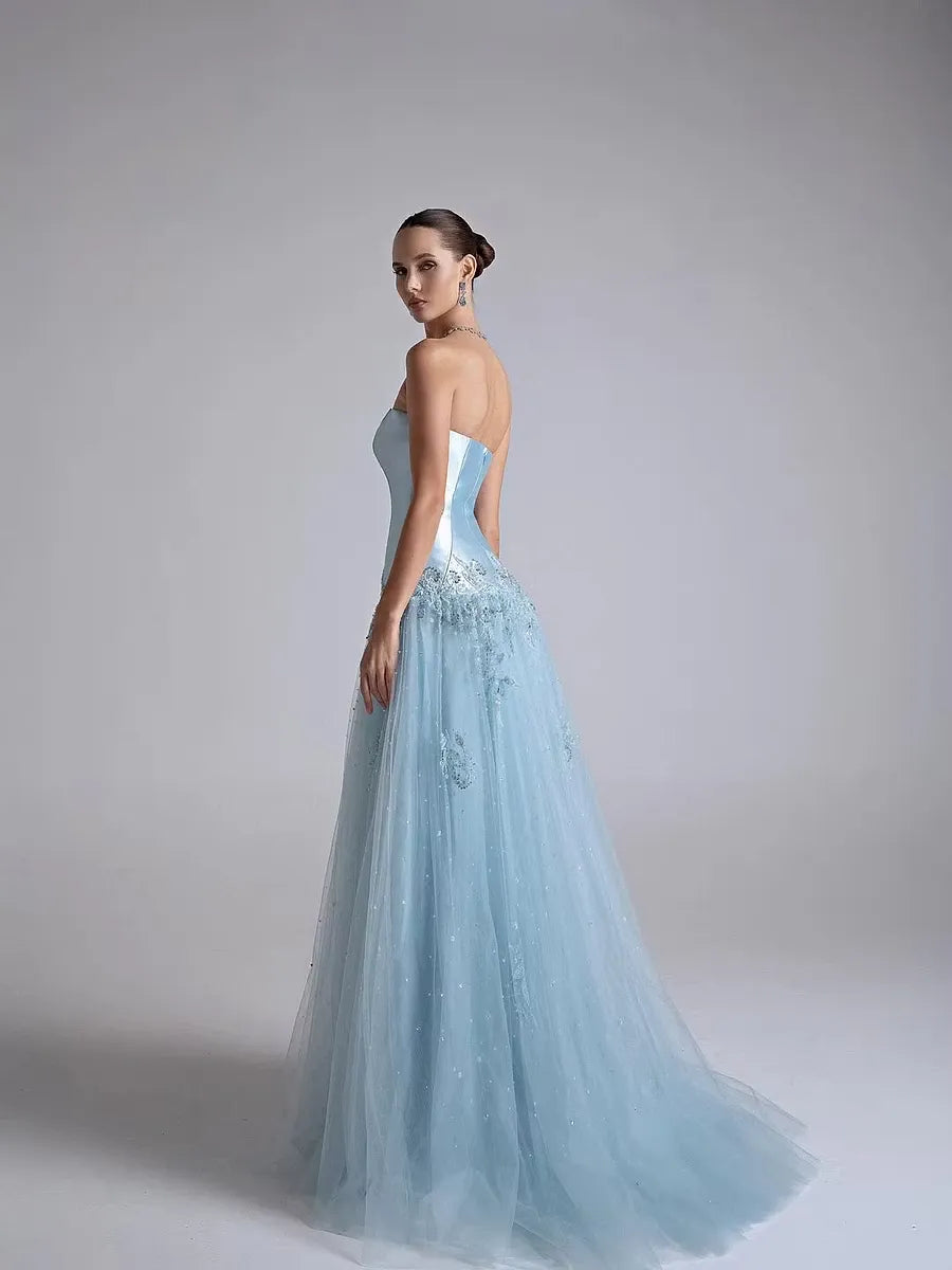 Elegant A-Line Straight Neckline Strapless Embellished Drop-Waist Floor-Length Prom Dress