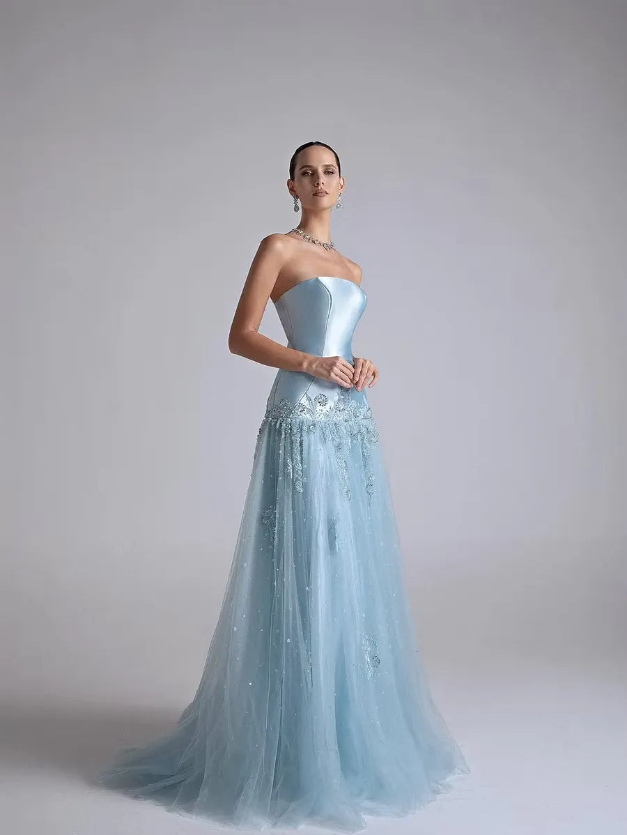 Elegant A-Line Straight Neckline Strapless Embellished Drop-Waist Floor-Length Prom Dress