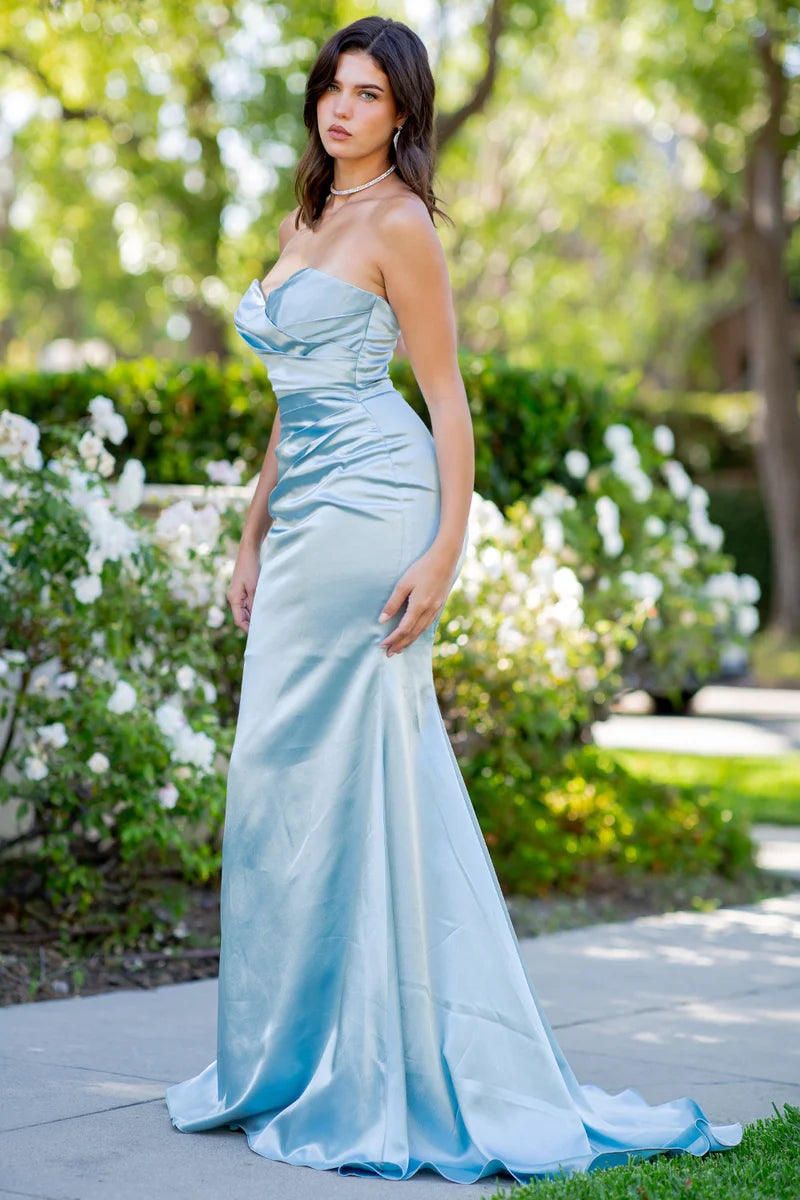 Elegant Mermaid Sweetheart Strapless Ruched Straight-Back Satin Floor-Length Prom Dress