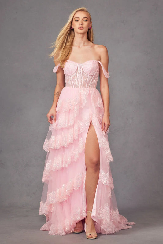 Loverlm ice pink sweetheart off-shoulder tiered floor-length prom dress front view