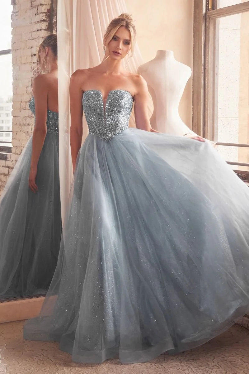Loverlm icy blue strapless sweetheart embellished ball gown prom dress front view