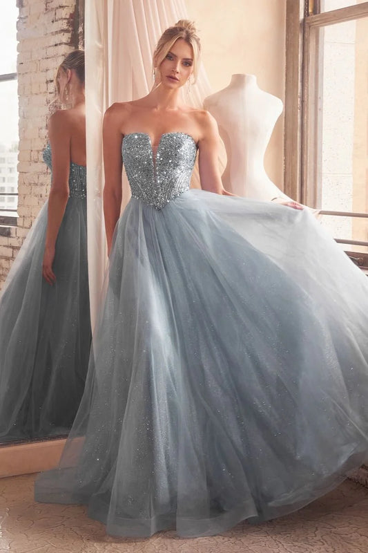 Loverlm icy blue strapless sweetheart embellished ball gown prom dress front view