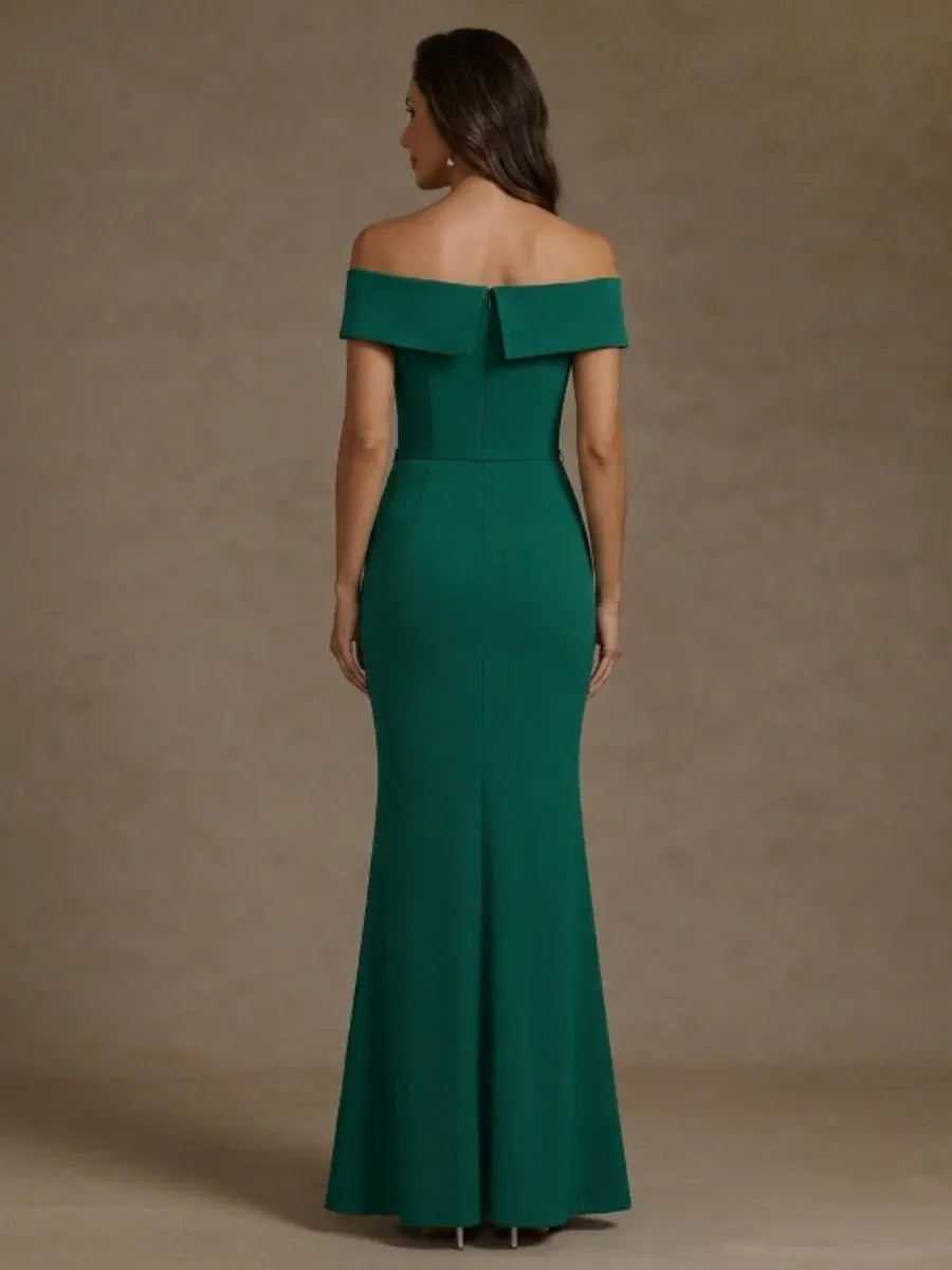 Elegant Mermaid Off Shoulder Short Sleeve Zip Back Floor Length Evening Dress