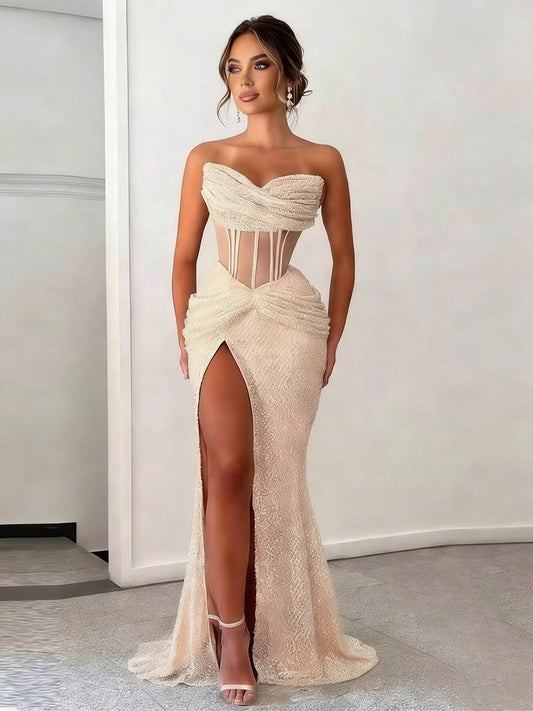 Ivory beaded tulle mermaid prom dress with sweetheart neckline, sheer corset and high slit front view
